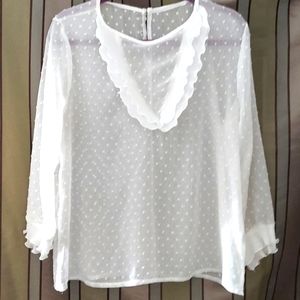 Boutique Ladies White Sheer Dot Ruffled Blouse Top Sz L